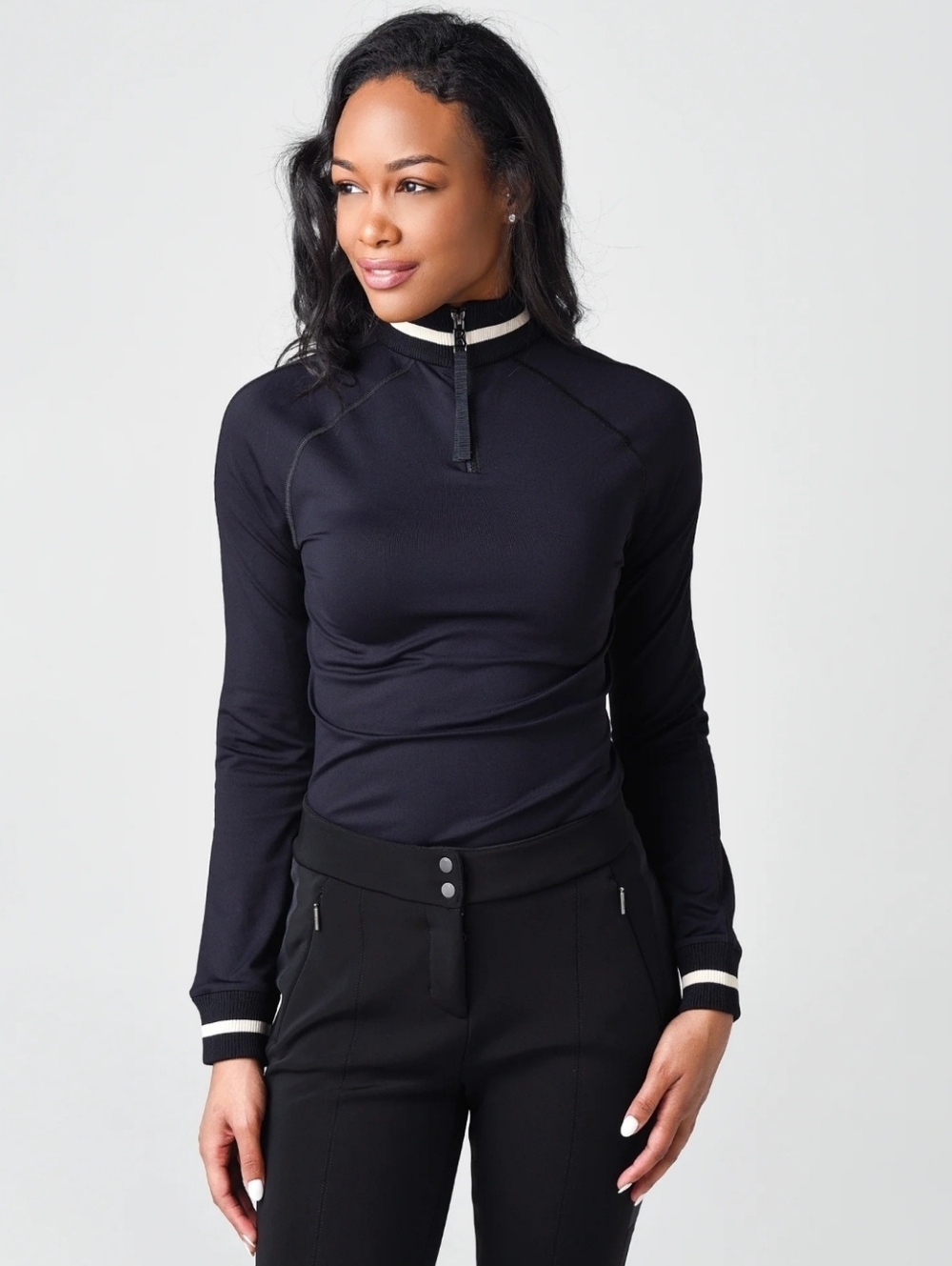 Bogner Madeline First Black Long-Sleeve Zip-Neck Top with White Trim, Size M